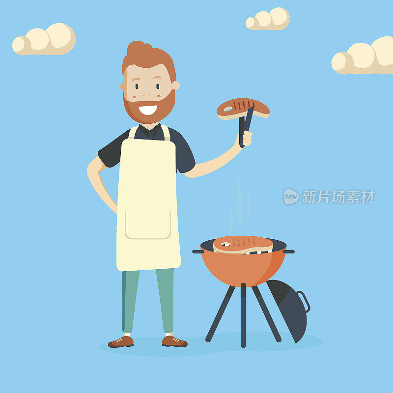 Caucasian cheerful man cooking steak on the barbecue grill outdoor. Smiling man preparing steak on the barbecue grill. Happy man having outdoor barbecue.